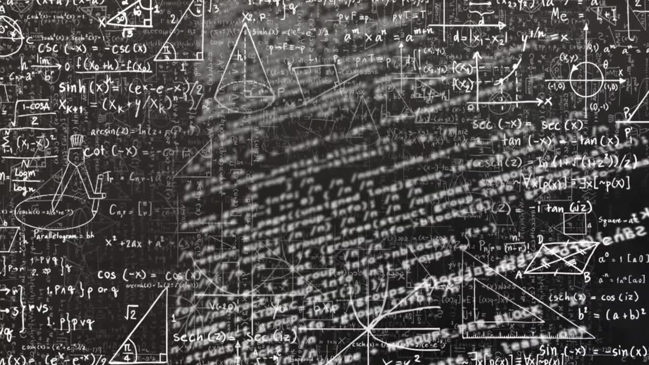 Digital animation of laboratory equipment icons against mathematical equations on black background