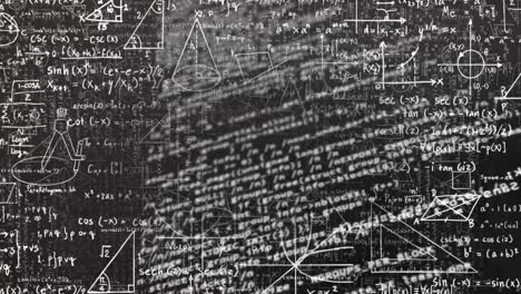 animación digital de iconos de equipos de laboratorio contra ecuaciones matemáticas en fondo negro