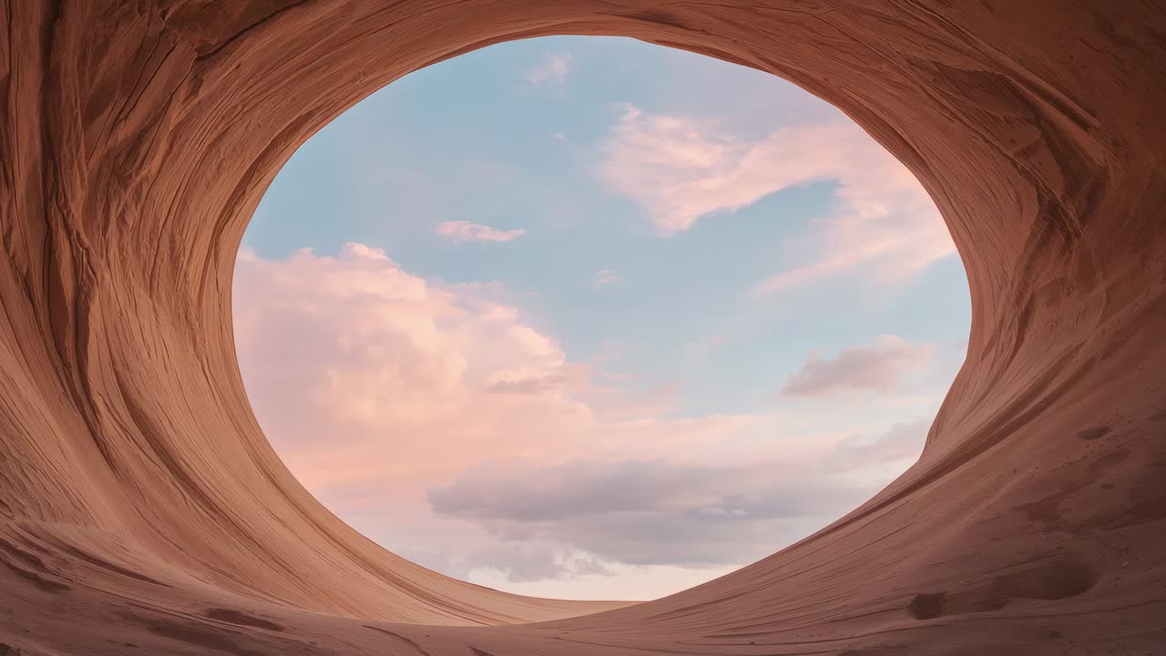 La luce dell'alba illumina una cavità arrotondata nell'arenaria, rivelando nuvole rosa e pareti striate all'interno del canyon