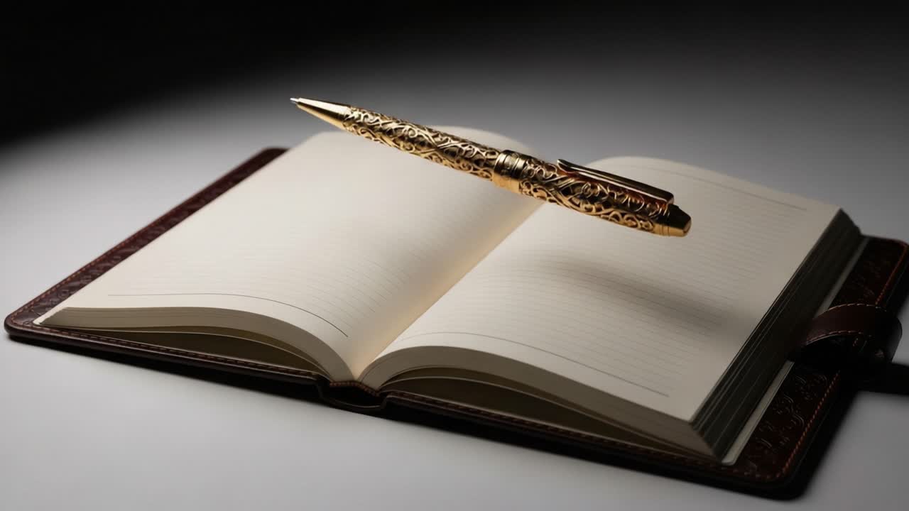 An Elegant Pen Hovering Over an Open Journal: A Stunning Still Life Composition Capturing the Beauty of Writing and Reflection