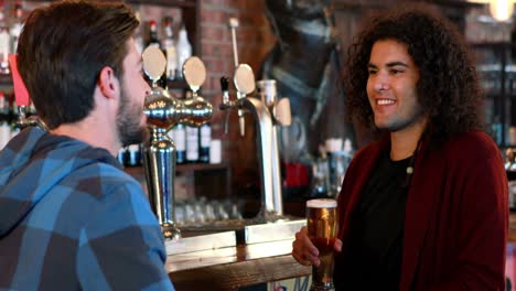 amigos interactuando mientras brindan vasos de cerveza en el mostrador de la barra