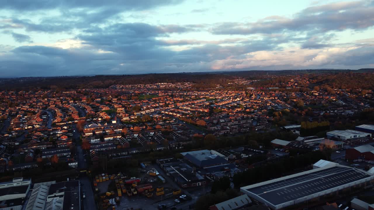 Aerial view of a residential area at sunset