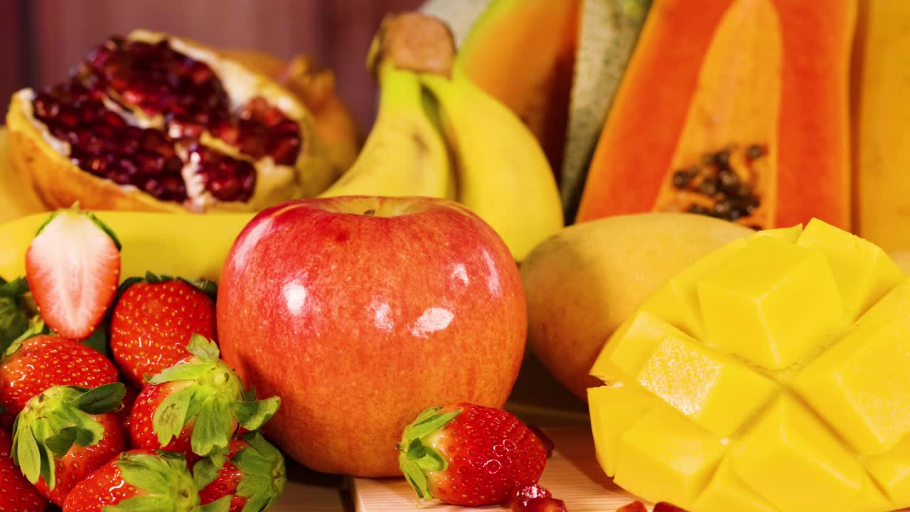 En fargerik utstilling av forskjellige ferske frukter