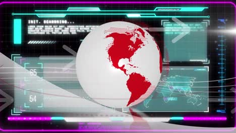 Animation-Von-Rotem-Globus,-Netzwerk-Und-Pfeilen-über-Dem-Schnittstellenbildschirm,-Der-Daten-Auf-Schwarzem-Hintergrund-Verarbeitet