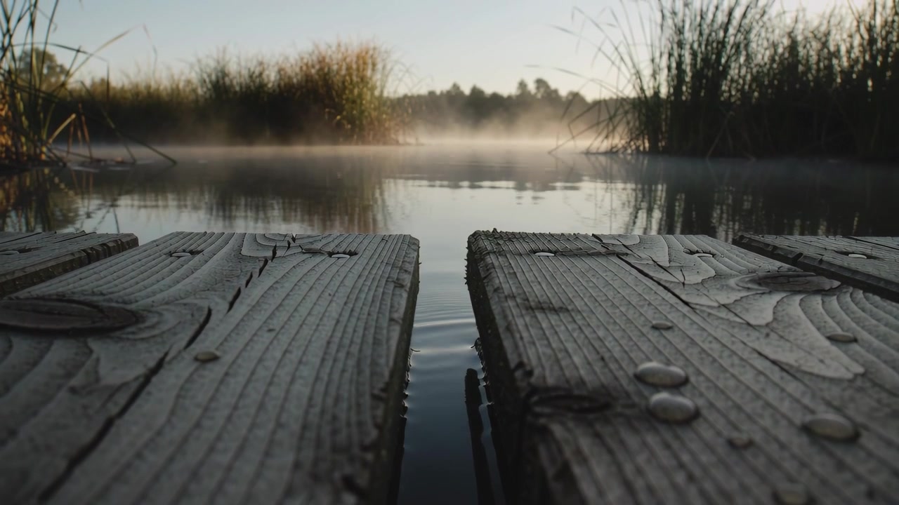 Movimento di camera che rivela assi di legno consumate di un molo dal basso, sulla riva al mattino, catturando nebbia e rugiada