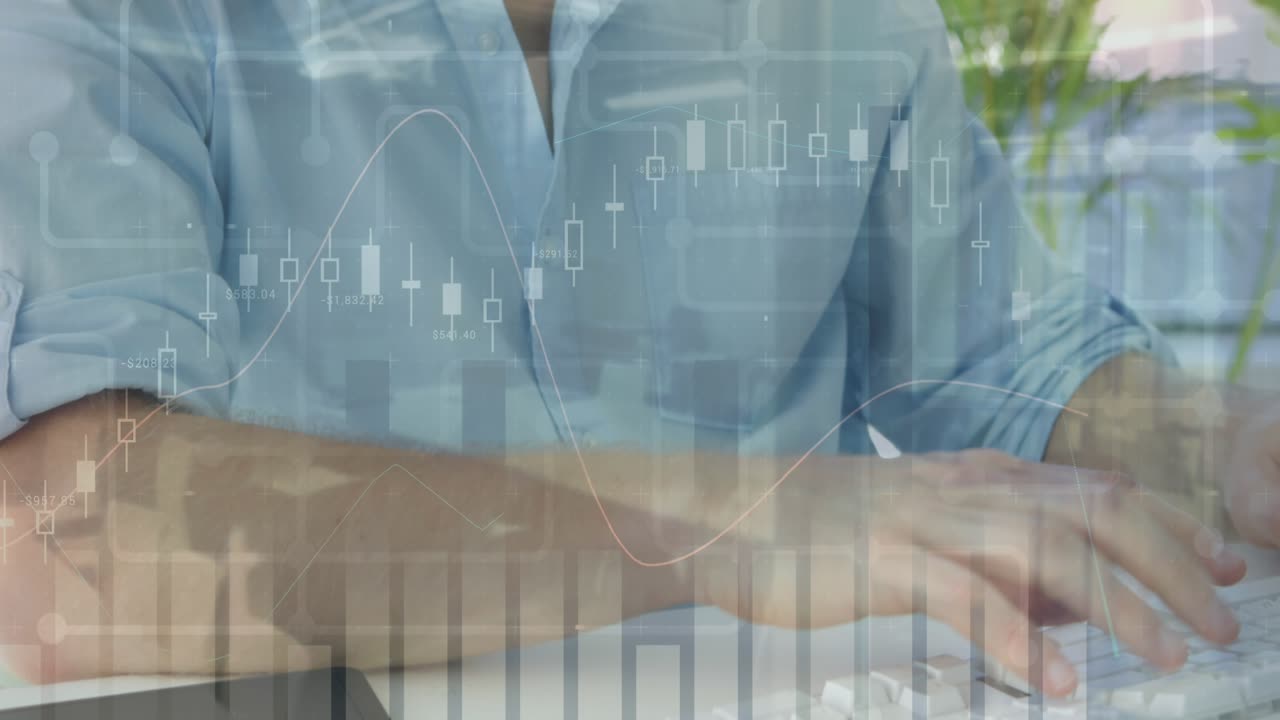 Animazione dell'elaborazione dati su un uomo d'affari caucasico in ufficio