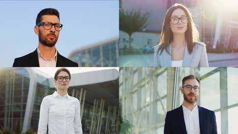 collage de gente alegre de diferente género de pie al aire libre con edificio de oficinas en el fondo