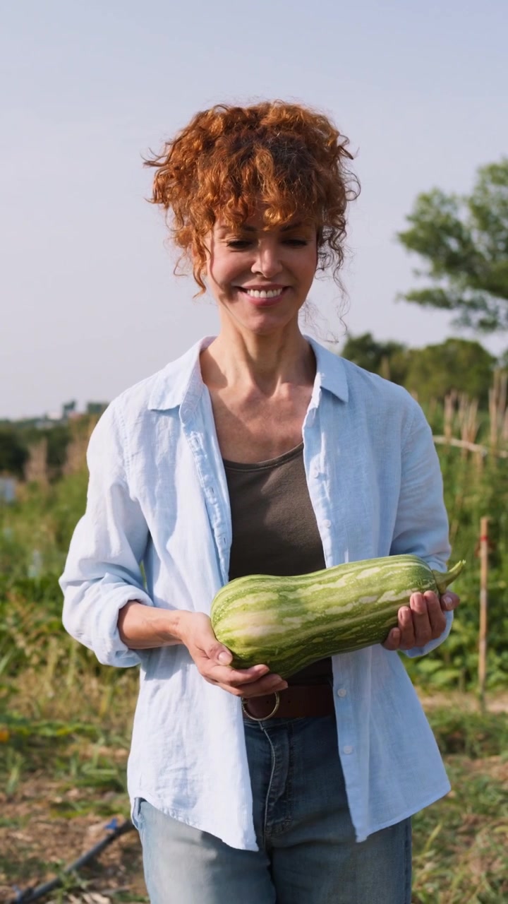 Donna sorridente che tiene in mano una zucca appena raccolta in un orto