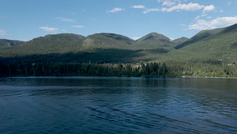 aerial view of the flat head lake in montana surrounded by woods and mountains