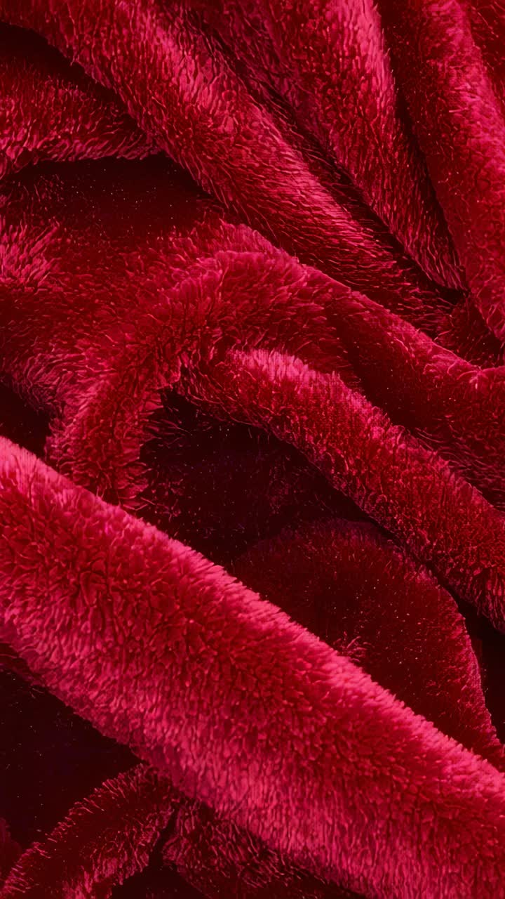 Vídeo vertical: movimiento de la cámara que muestra pliegues de tela de felpa roja en un estudio, dejando ver la textura