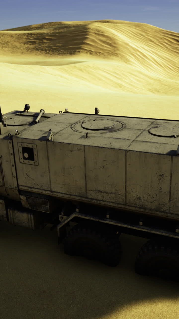 Heavy duty vehicle traverses sandy dunes under a bright sun at noon
