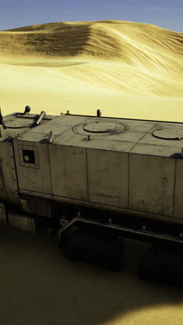 heavy duty vehicle traverses sandy dunes under a bright sun at noon