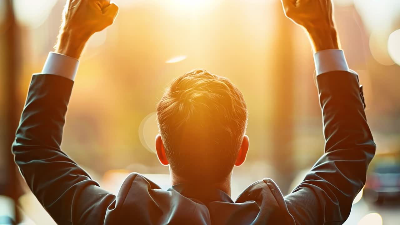 Man celebrating success with arms raised