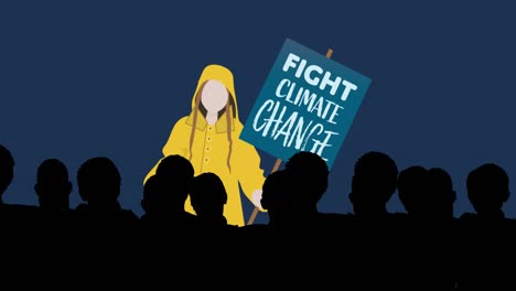 animation of woman and people protesting with banner against climate change