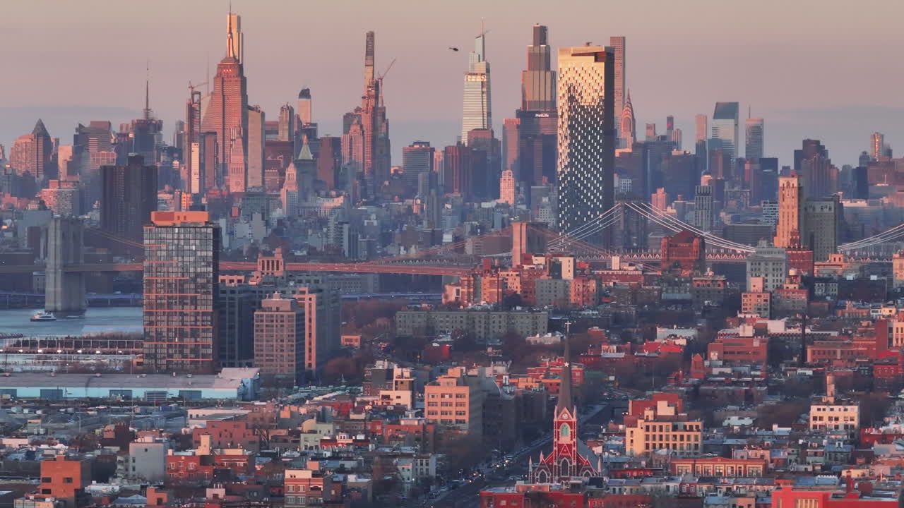 Aerial view of the Manhattan skyline at sunset. Shot in New York City during winter.