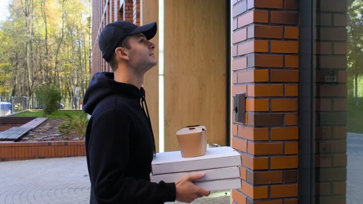 Delivery man ringing on the entrance