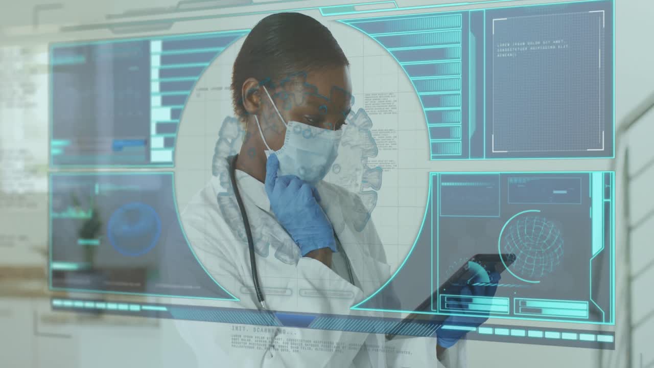 animación de una célula de covid azul sobre una doctora con máscara facial utilizando tableta y procesamiento de datos