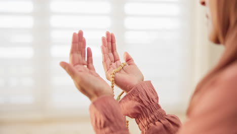 muslim, beads or hands of woman in prayer to god