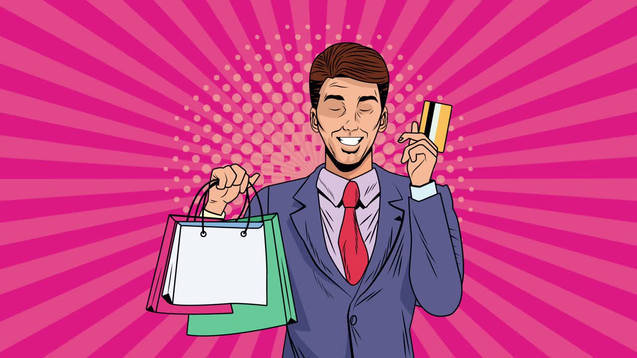 쇼핑백과 신용카드를 가진 사업가 팝 아트 애니메이션
