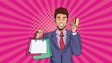 hombre de negocios con bolsas de compras y tarjeta de crédito animación de arte pop