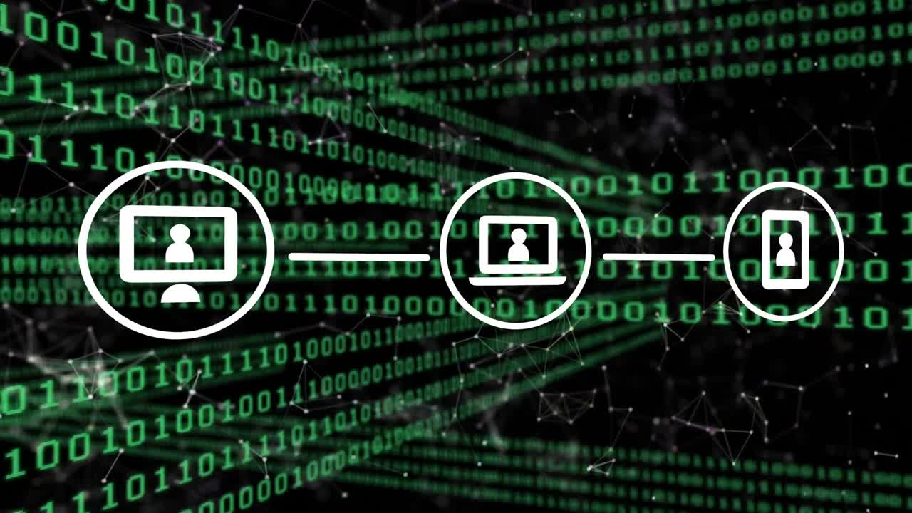 Animation of media icons and data processing over black background