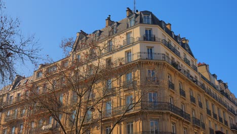 ornate exterior view of haussmann architecture building in paris, france