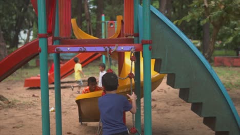 colourful playground with happy energetic children running around