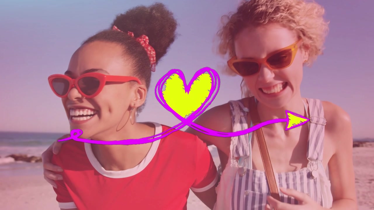 Kaksi naista kävelee halaten hiekkarannalla, violetti viiva ilmestyy muodostaen sydämen vartaloiden ylle, matkailuun.