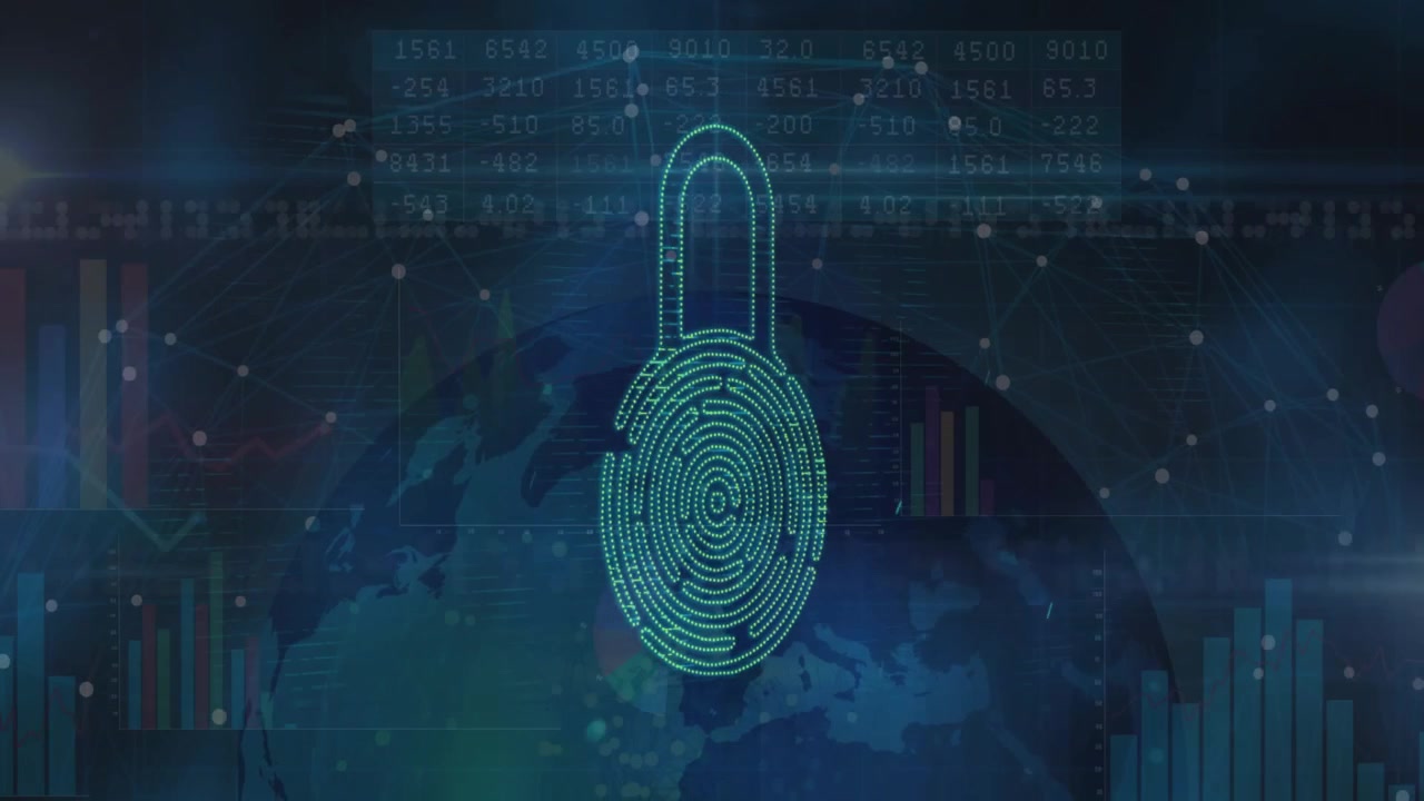 Digital fingerprint padlock hologram glowing over world map, displaying nodes and data charts