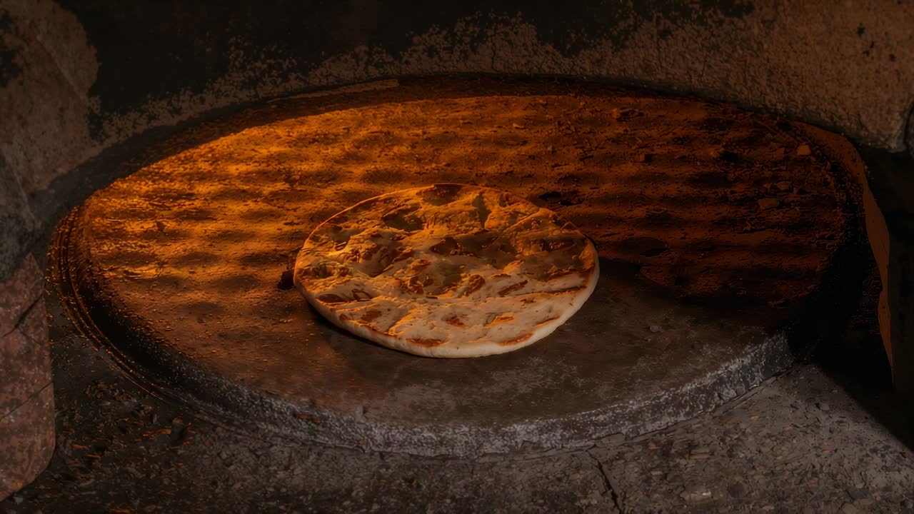 Browning round pita puffing and darkening on stone hearth inside domed oven from charred wall glow