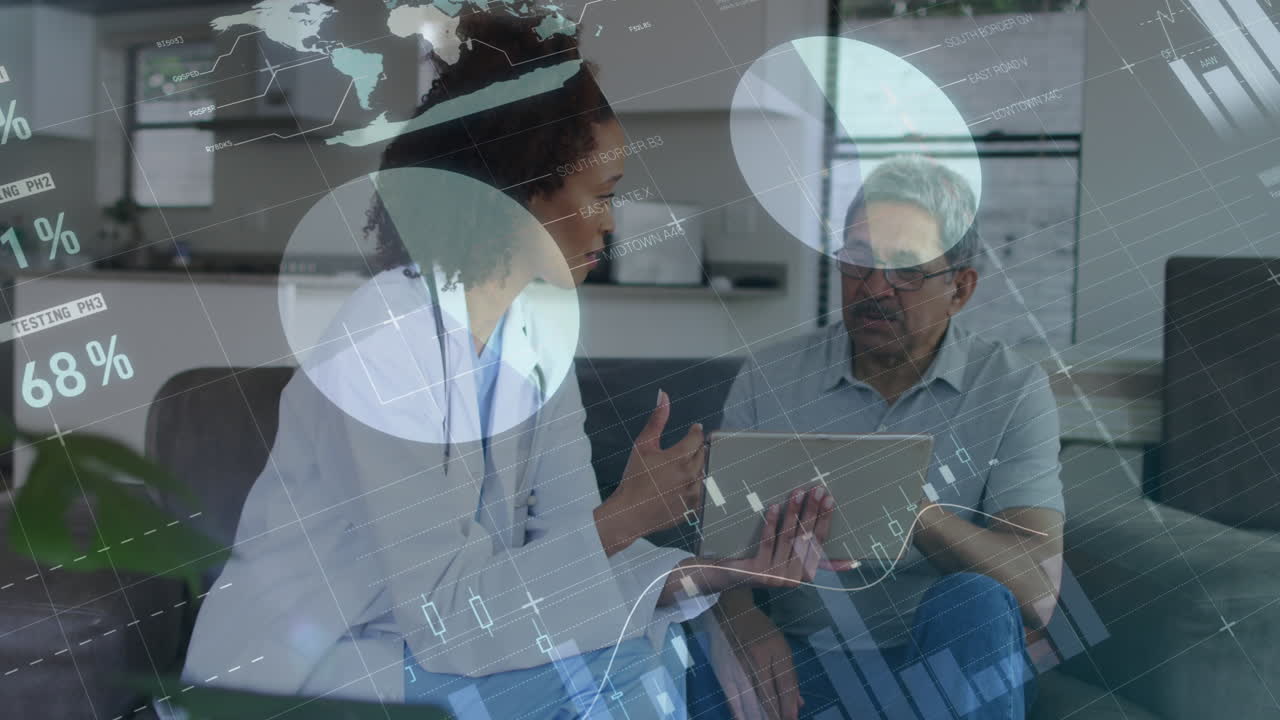 Animation of financial data processing over diverse doctor and patient using tablet