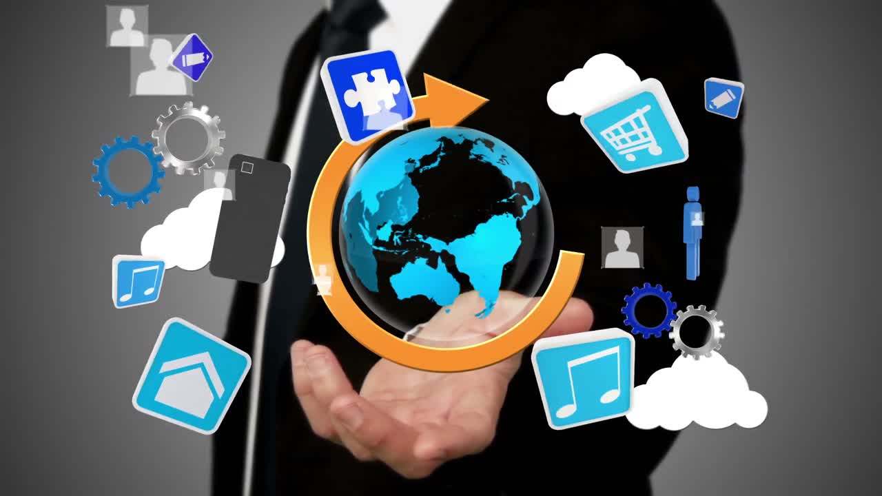 hombre de negocios presentando un holograma