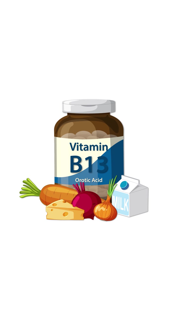 Appare una bottiglia di integratore di Vitamina B13, poi fonti di cibo sano si animano intorno ad essa, su sfondo bianco