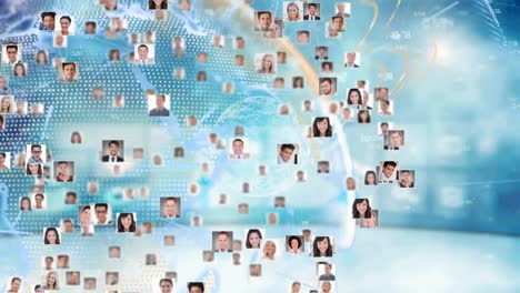 animation of networks of connections with people photographs over globe