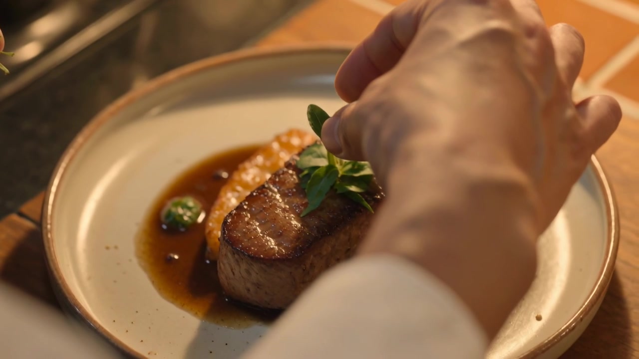 Finishing plating chef hands placing herb leaves on seared steak at stovetop, white sleeve