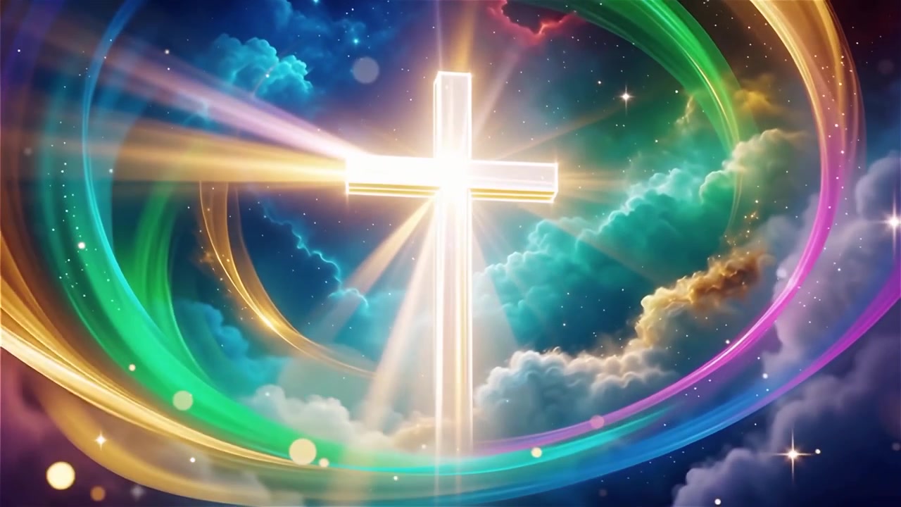 キリスト教の十字架と神聖な光が輝く礼拝用背景。