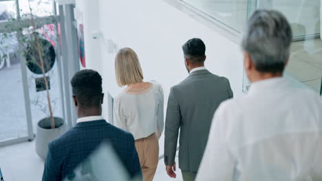 back, walking and stairs with a business team
