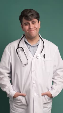 happy ethnic young man in white robe medical uniform on green background