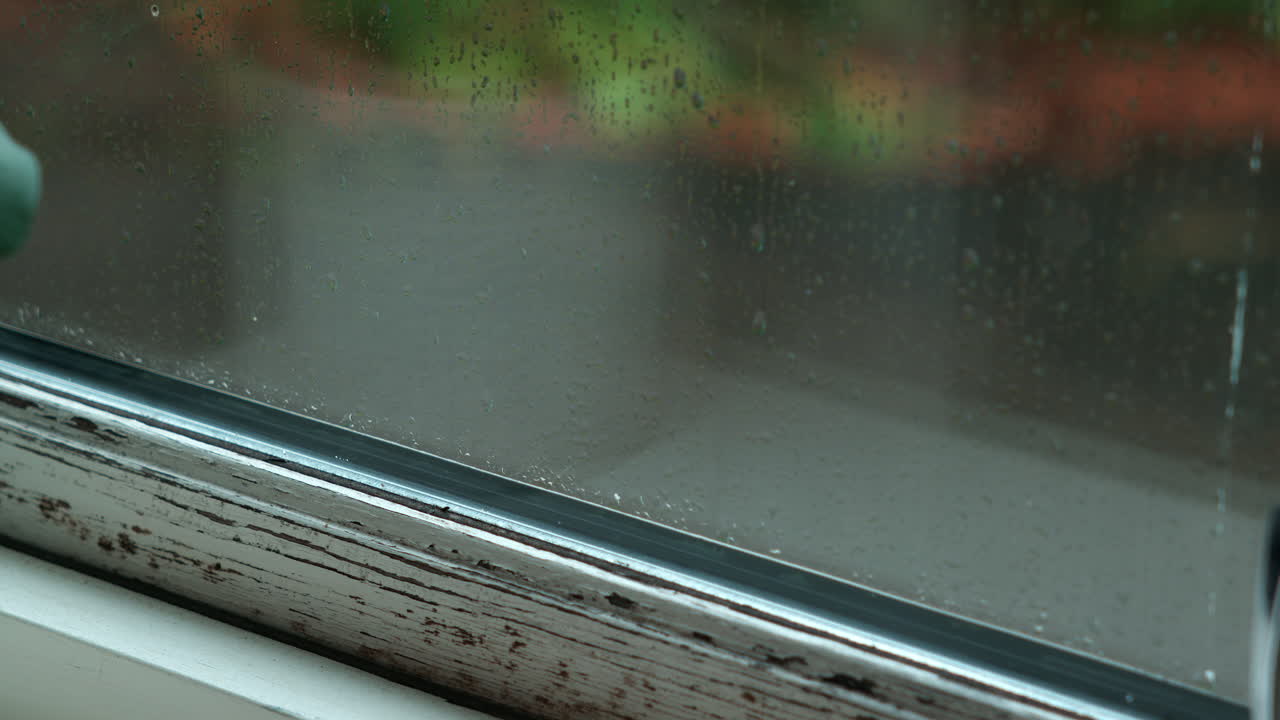 Rain descend down the window in heavy rainfall in the background