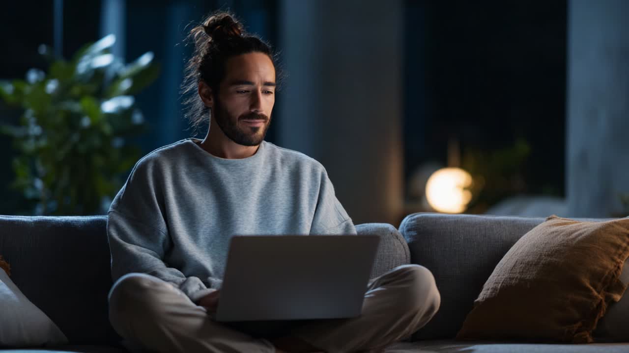A focused individual immersed in digital content while seated comfortably on a cozy sofa in a softly lit living room, showcasing a blend of tranquility and productivity during nighttime hours