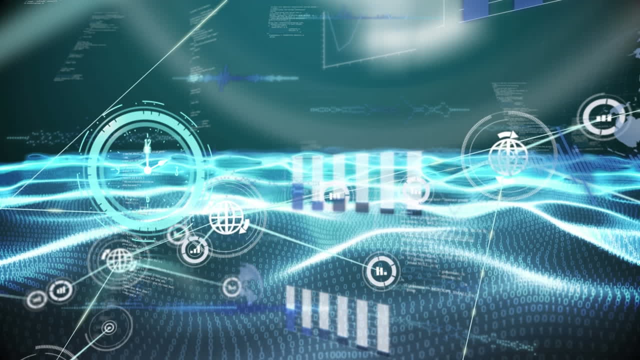 데이터 처리 및 클록 오버 아이콘 및 글로브의 애니메이션