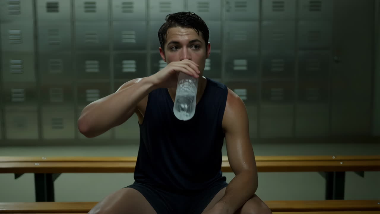 Young Man Hydrating and Resting in a Locker Room After a Workout