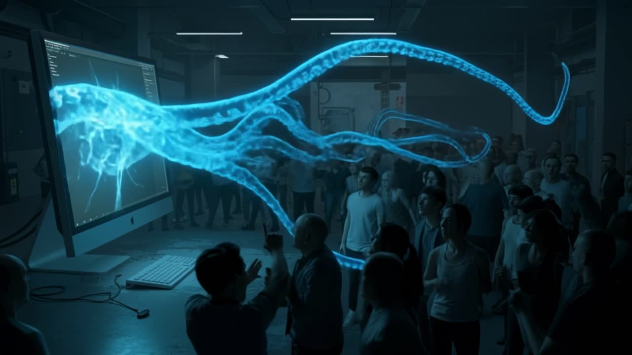 A lively crowd was captivated by a dynamic digital presentation showcasing vibrant visual effects in a modern urban studio environment