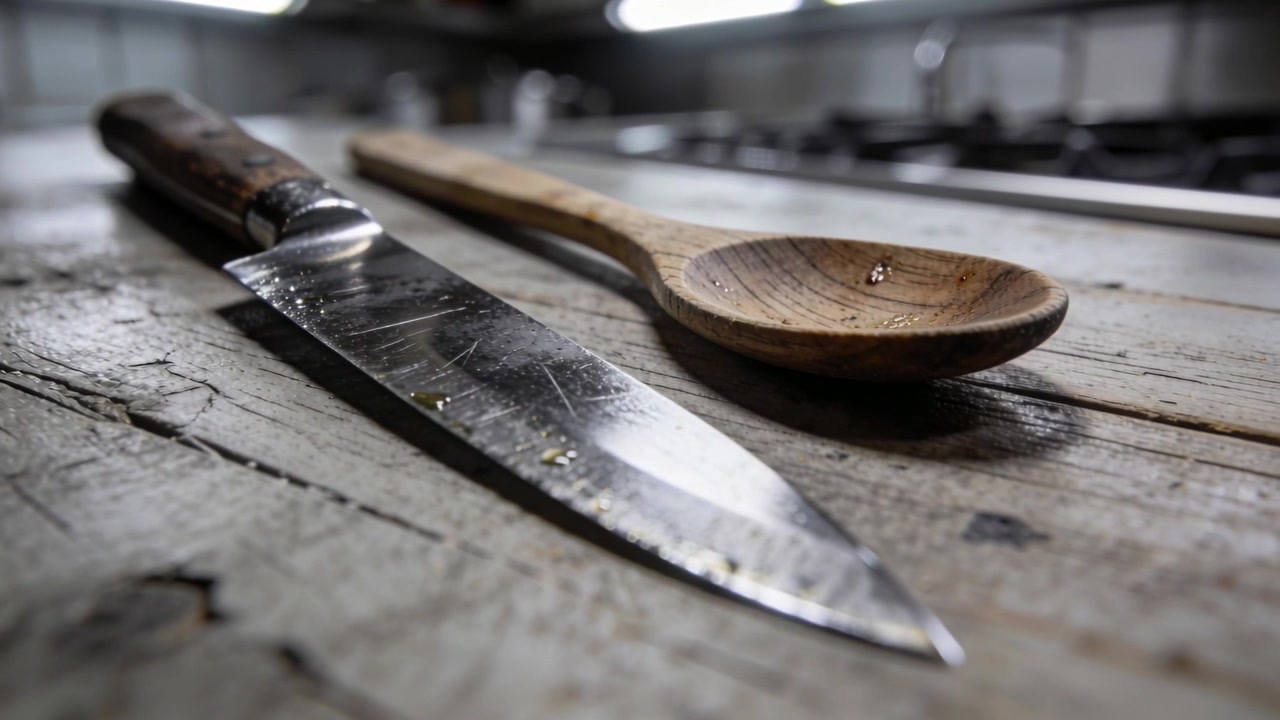 La mise au point de la caméra se déplace, révélant un couteau de chef et une cuillère en bois sur une table de préparation, soulignant les textures.