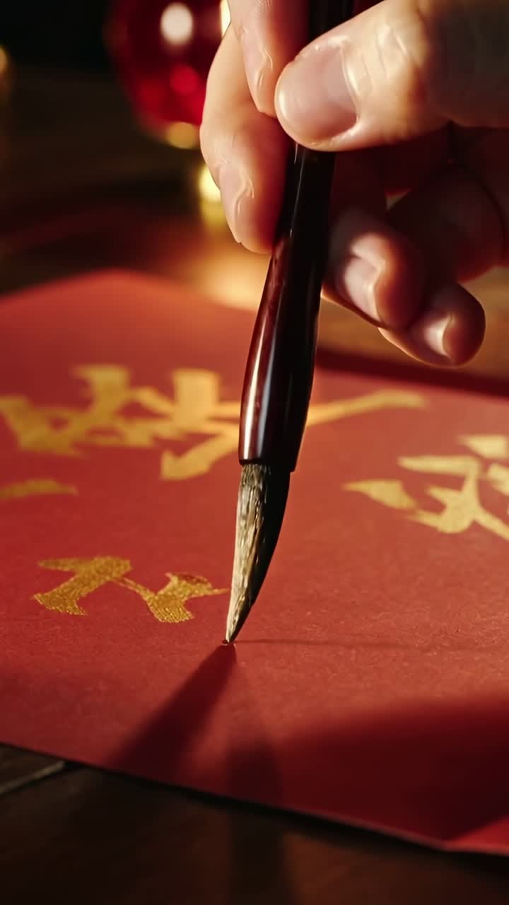 Vídeo vertical: mão direita tocando em um papel vermelho e guiando um pincel de caligrafia, praticando traços dourados