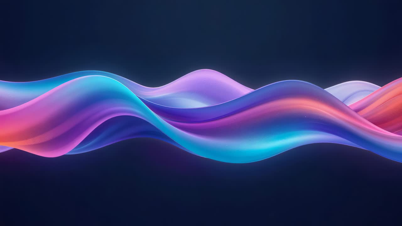 Ondes de ruban mouvantes réagissant à un déphasage sur un fond de studio bleu marine, révélant des dégradés de couleurs.