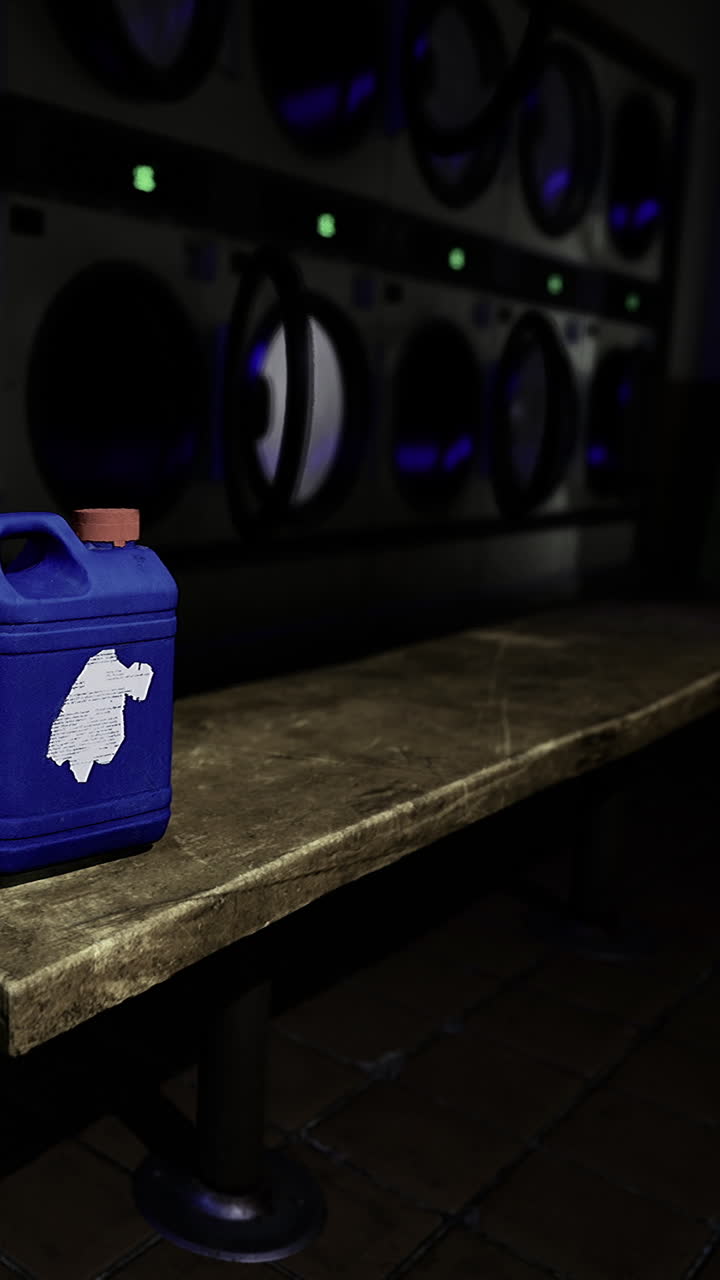 Modrá nádoba stojí na stole v prádelně v noci