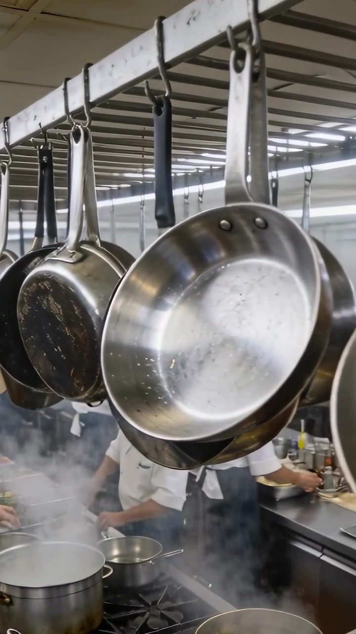 Vertical video: Boiling pot steaming, pans swaying, chefs in white coats plating for service