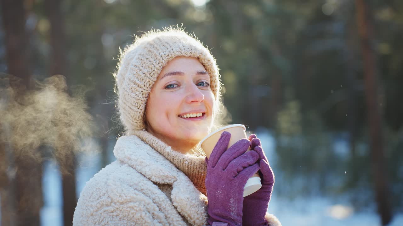 Woman enjoying a hot drink in a snowy forest