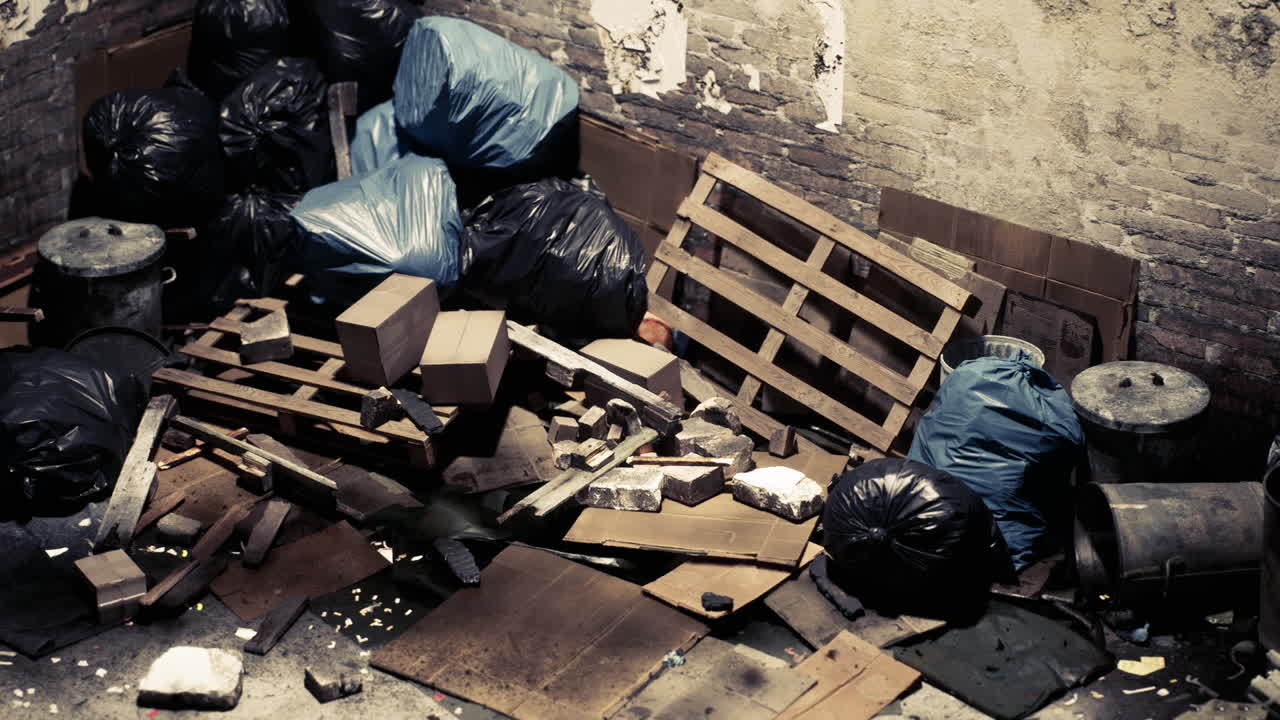 A cluttered abandoned room filled with bags of trash and debris at dusk